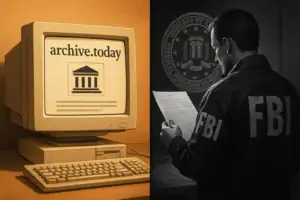 Компьютер с сайтом archive.today и агент FBI, изучающий документы.