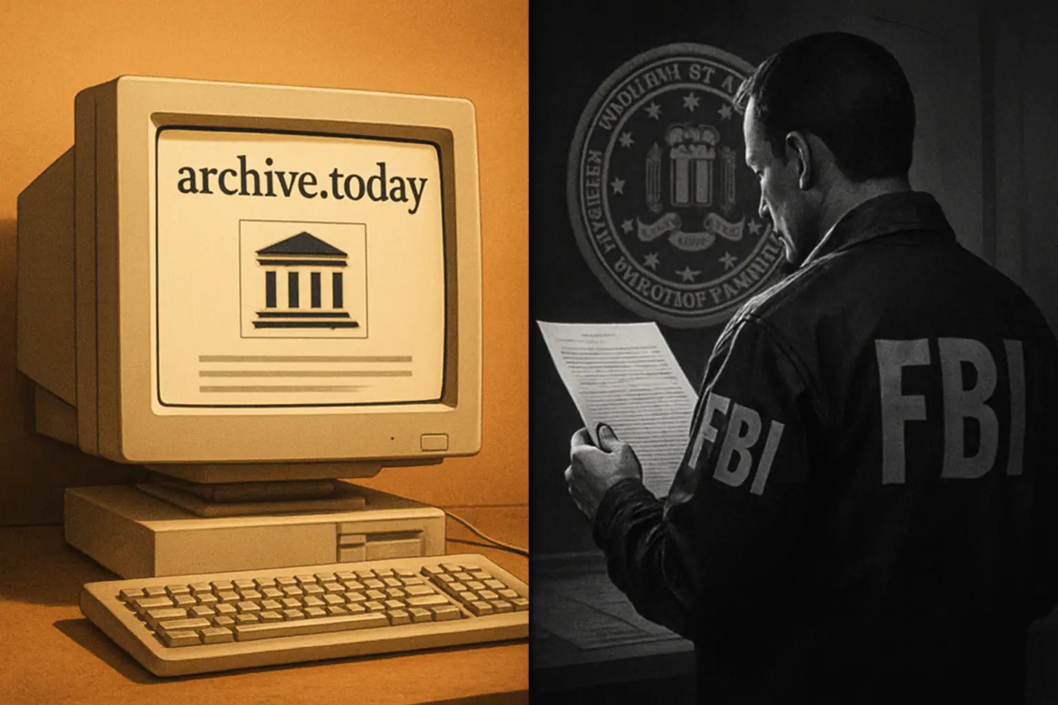 Компьютер с сайтом archive.today и агент FBI, изучающий документы.