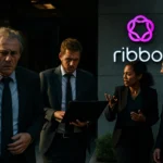 Business team in suits discussing outside a corporate building at sunset.