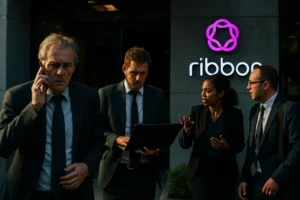 Business team in suits discussing outside a corporate building at sunset.