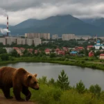 Медведь гуляет вдоль реки на фоне городского пейзажа и гор.