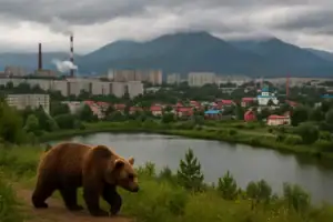 Brown bear walking near a river with a cityscape and mountains in the background.