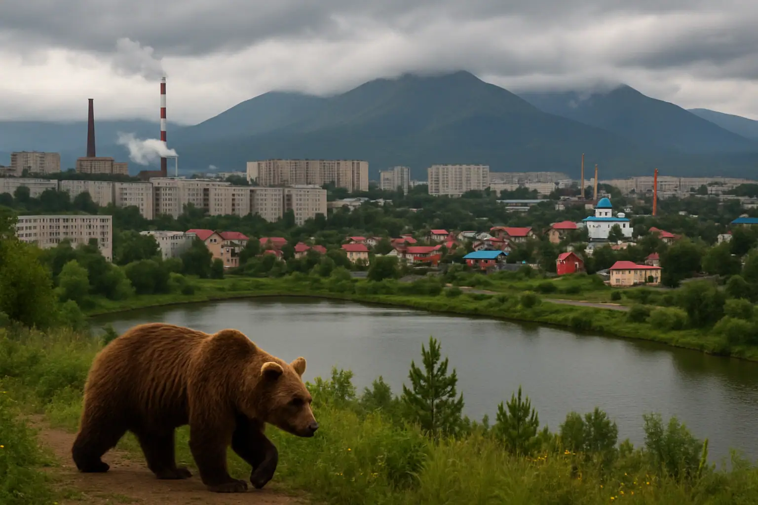 Brauner Bär wandert an einem Fluss entlang, mit Stadt im Hintergrund.