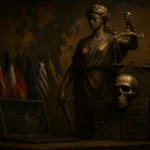 Статуя Фемиды с весами и мечом, окруженная флагами стран.