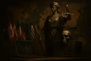 Статуя правосуддя тримає терези та меч на фоні прапорів країн.