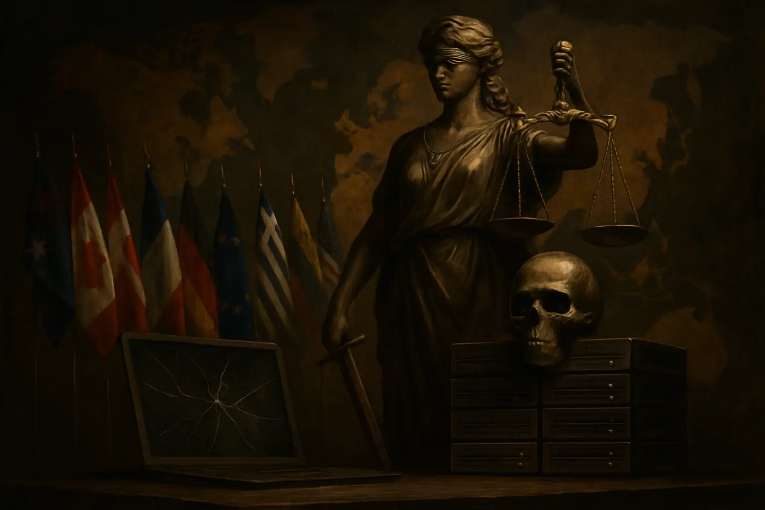 Statue der Gerechtigkeit mit Schwert und Waage, umgeben von Ländernflaggen.