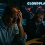 Stressierte Person in einem Kontrollraum mit alten Computermonitoren.