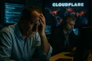 Man showing distress at a workstation with data displays in the background.