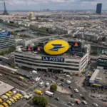 Вид на офис La Poste в Париже с близлежащими улицами и рекой.