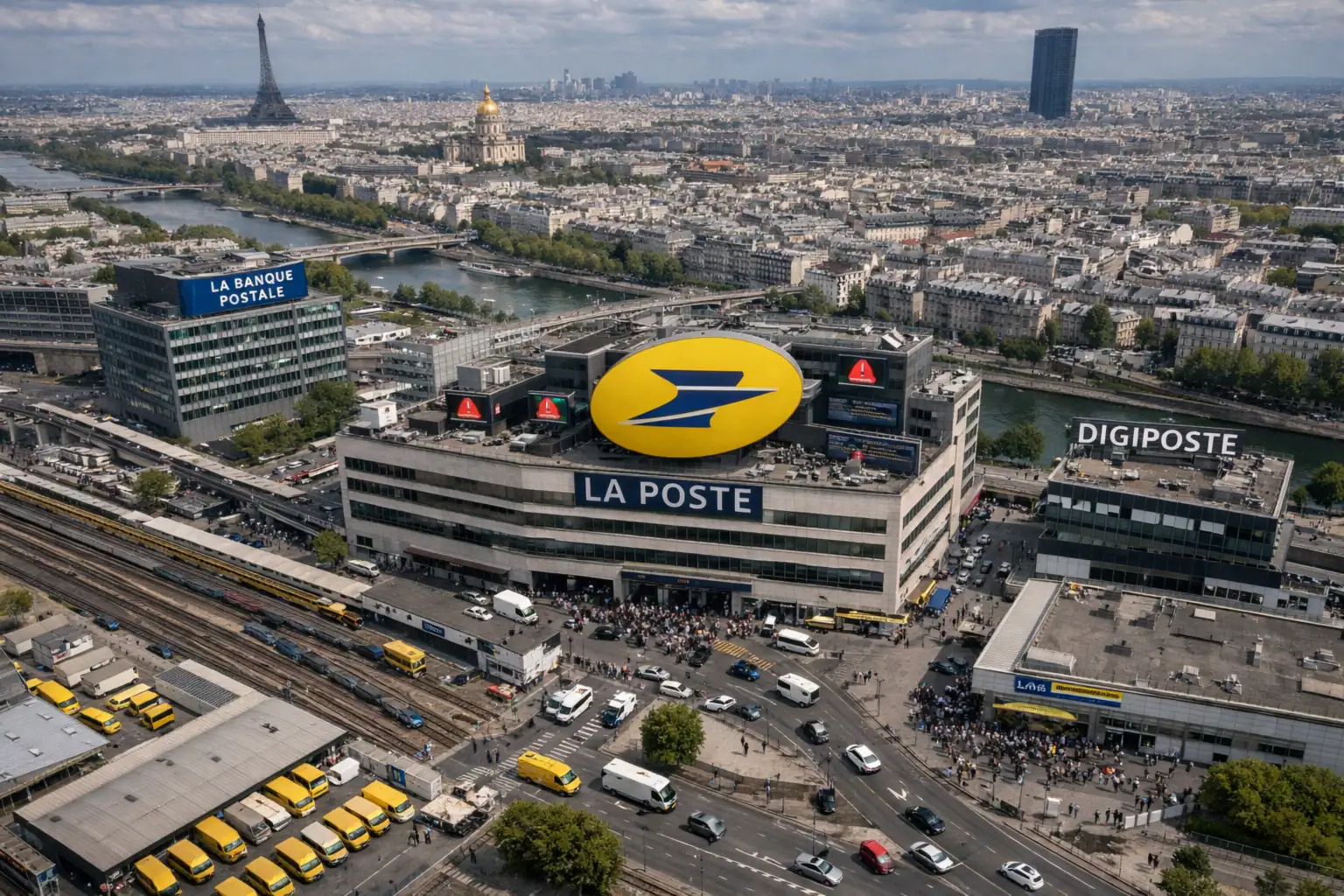 Vista aérea de París con el edificio de La Poste y la Torre Eiffel al fondo.