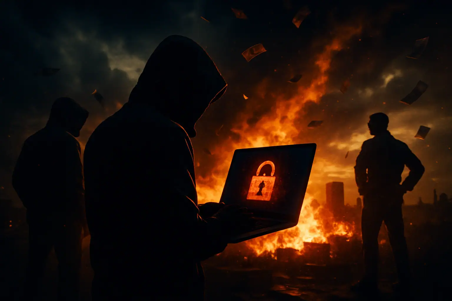Группа silhouetted фигур перед огнём, один с ноутбуком и замком на экране.