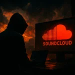 Людина у капюшоні сидить біля монітора з логотипом SoundCloud на фоні вогню.