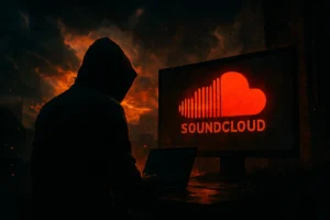 Hooded figure sits with a laptop, illuminated by a glowing SoundCloud logo.