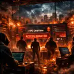 Hackers in a smoky server room celebrate an unauthorized data breach.