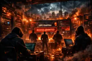 Siluetas de hackers en un entorno de servidores en llamas con acceso garantizado.