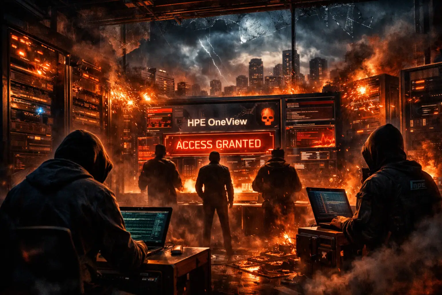 Hackers in a smoky server room celebrate an unauthorized data breach.