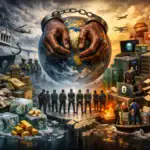 Две руки держат Землю, окруженную символами власти и финансового контроля.