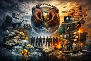 Люди у військовій формі на фоні глобуса в ланцюгах, що символізує глобальні проблеми.