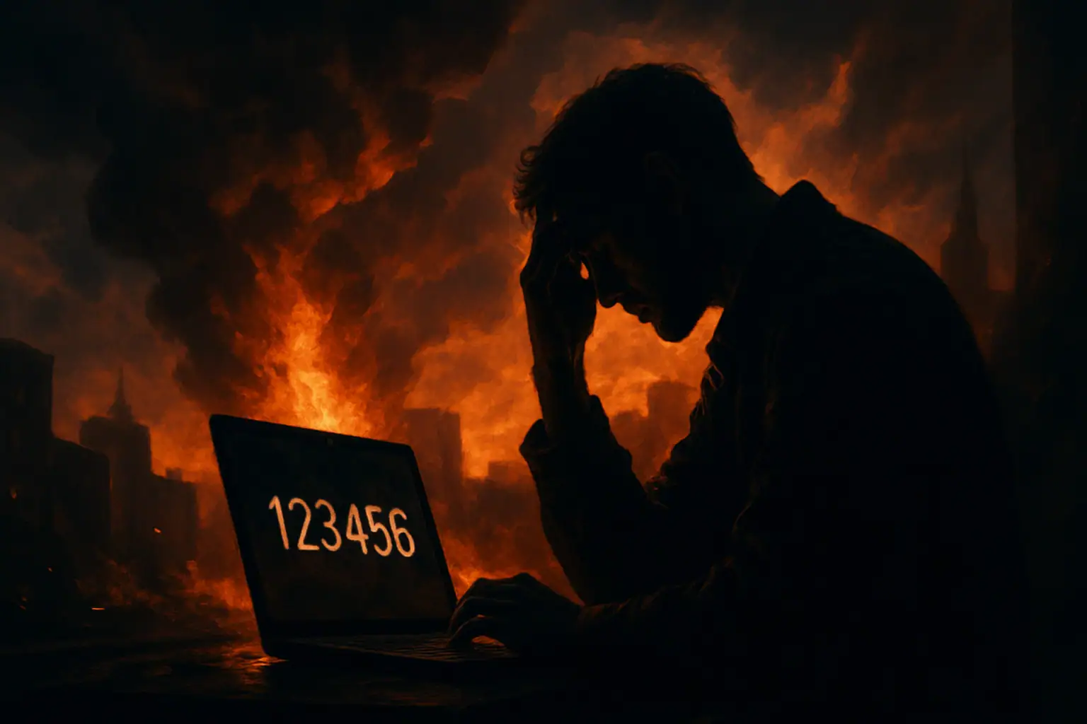 Silhouette of a man in distress looking at a laptop displaying "123456."