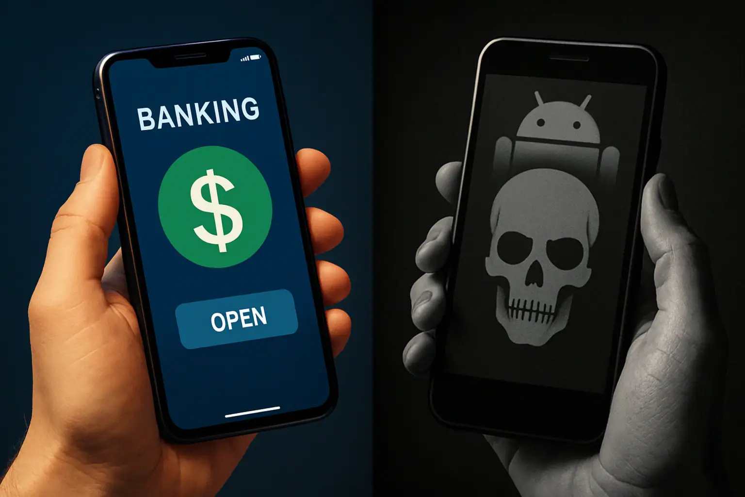 Zwei Smartphones, eines zeigt Banking-Option, das andere einen Gefahrenhinweis.