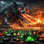 Maschinenwolf greift futuristische Stadt in düsterer, brennender Landschaft an.