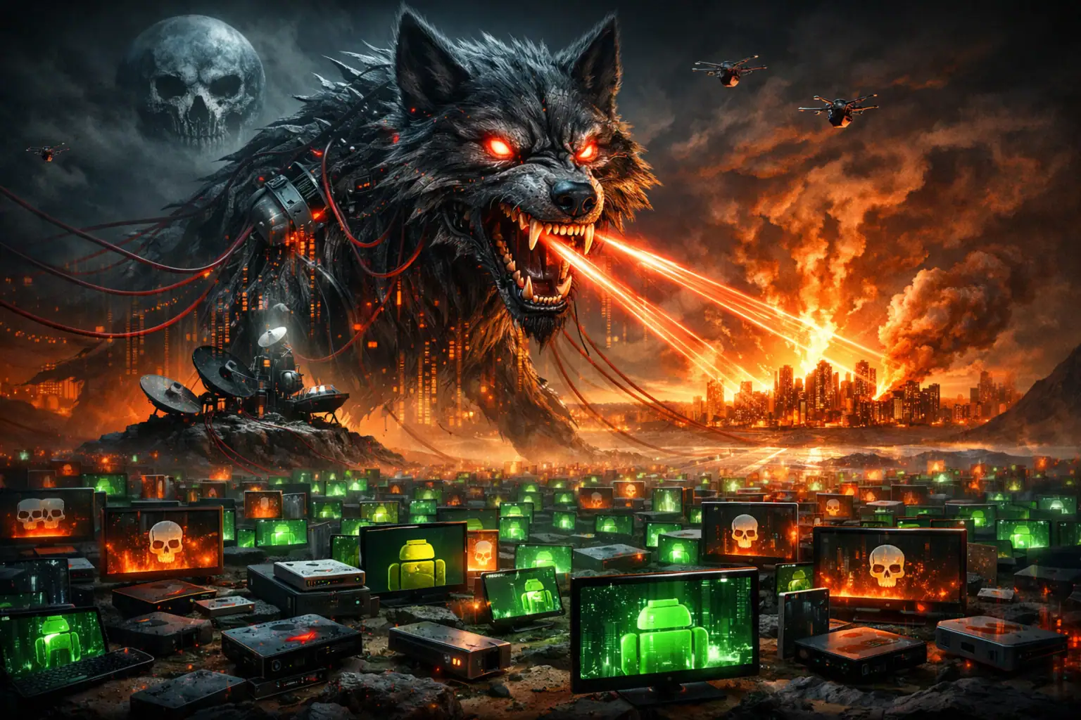 Giant wolf with glowing eyes and lasers towers over a dystopian cityscape filled with screens.