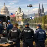 Поліцейські і агенти FBI працюють біля автомобіля з обладнанням на фоні архітектури.