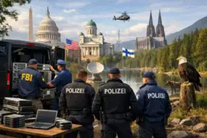 Equipos de seguridad frente a un lago, con edificios icónicos en el fondo.