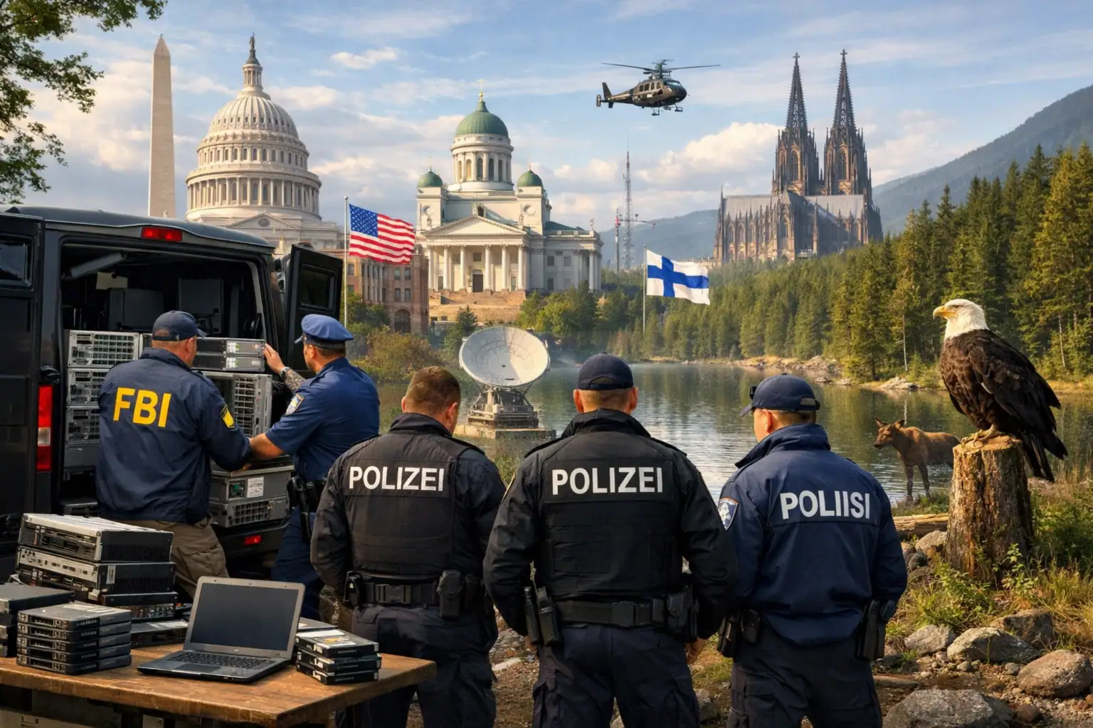 FBI and police coordinating near water, iconic buildings in background.