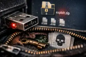 USB y objetos ocultos en un bolsillo, evocando peligro cibernético.