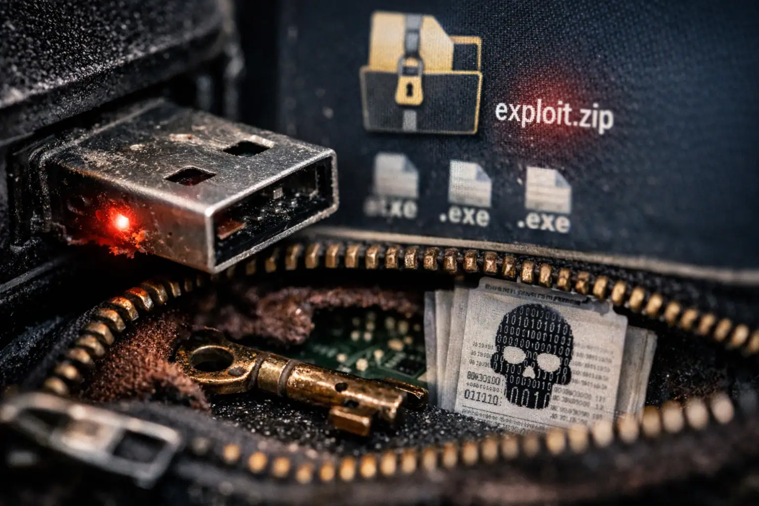 USB y objetos ocultos en un bolsillo, evocando peligro cibernético.