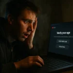 Испуганный мужчина смотрит на экран ноутбука с запросом подтвердить возраст.