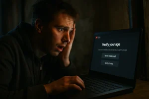 Young man looks distressed while verifying his age on a laptop screen.