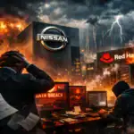 Dramatische Szene eines Datenlecks mit bedrohlichem Hintergrund und stressigen Charakteren.