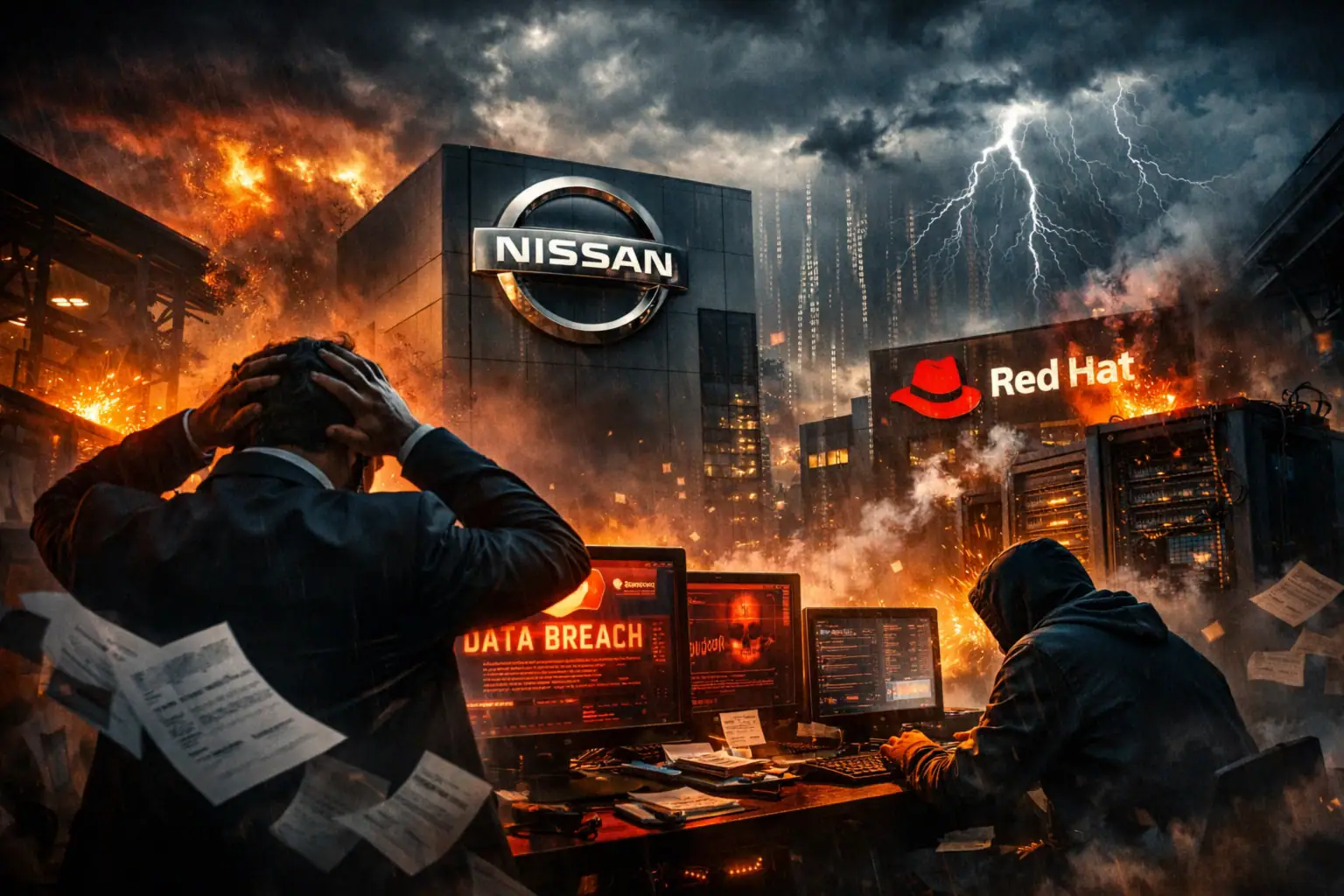 Hombre angustiado frente a pantallas durante una violenta brecha de datos.