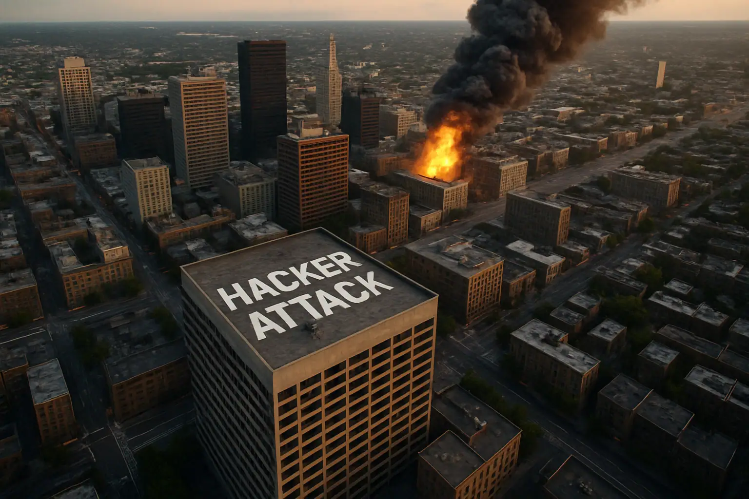 Здание с надписью "HACKER ATTACK" над городом с дымом и огнем.