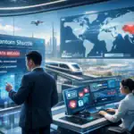 Dos profesionales observan alertas de seguridad en un entorno tecnológico avanzado.