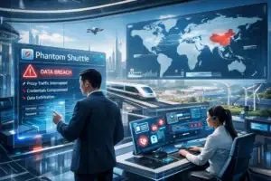 Futuristic control room addressing data breach with two operators at work.