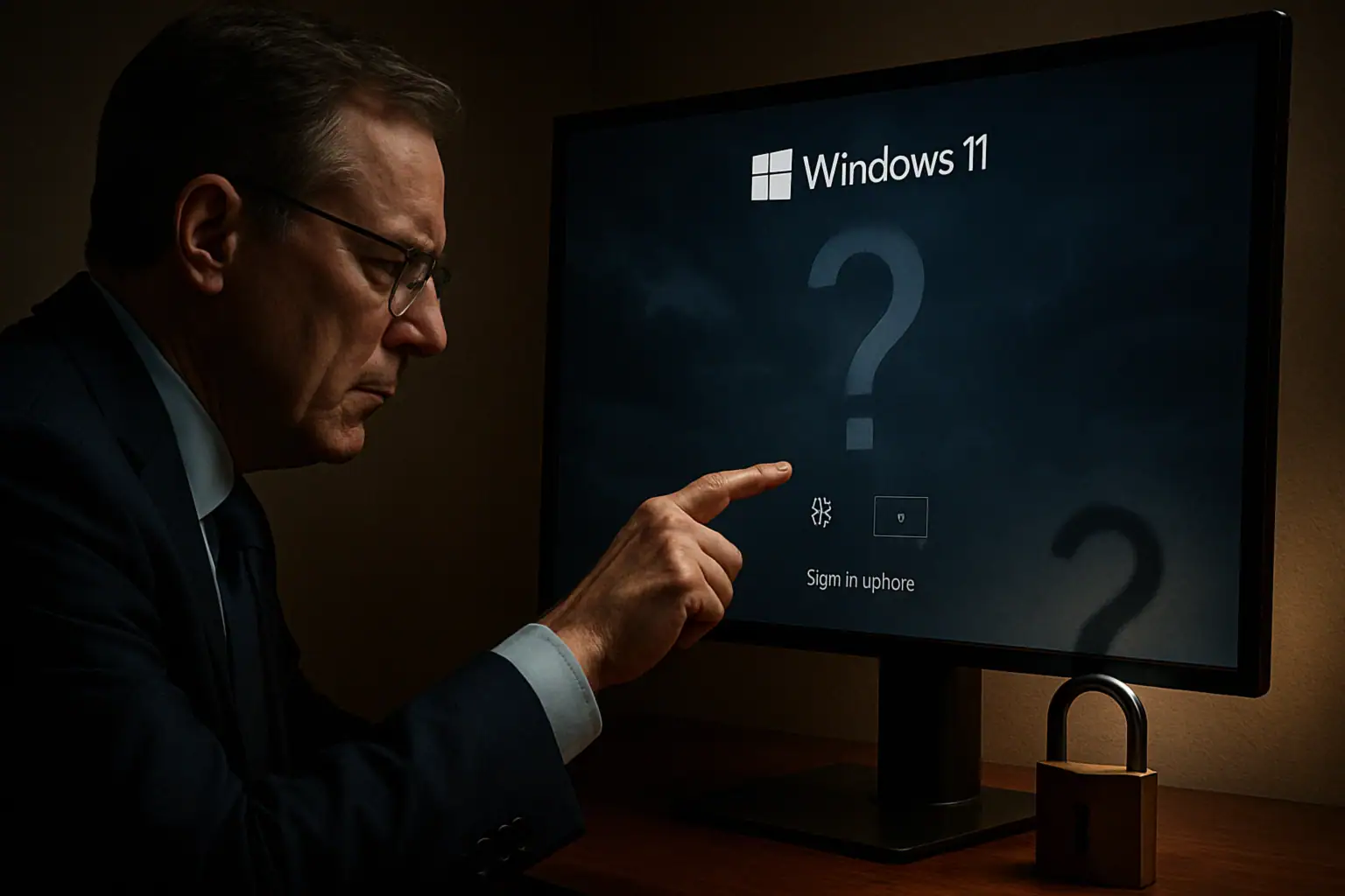 Чоловік у костюмі підносить палець до екрану комп'ютера з Windows 11.