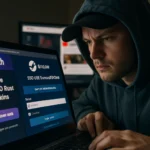 Young man intently using a laptop, engaged in online gaming activities.