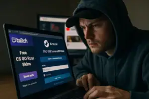 Young man intently using a laptop, engaged in online gaming activities.