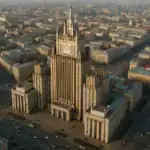 Aerial view of a large, historic government building surrounded by the cityscape.