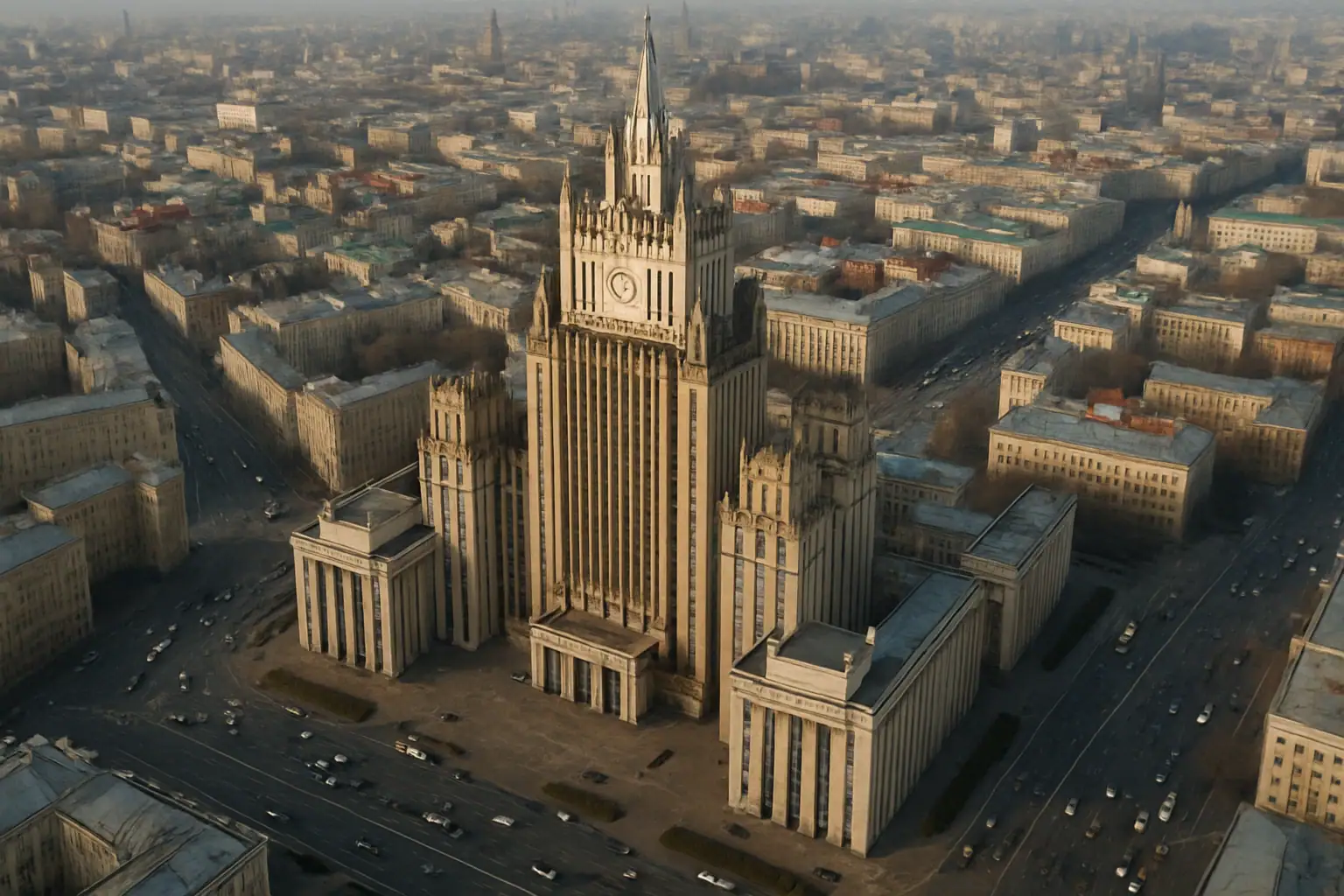 Vista aérea del edificio gubernamental con un fondo urbano difuso.