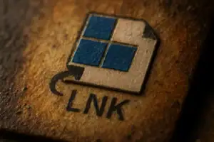 Stylized icon of a folder with blue windows and "LNK" text on a textured surface.
