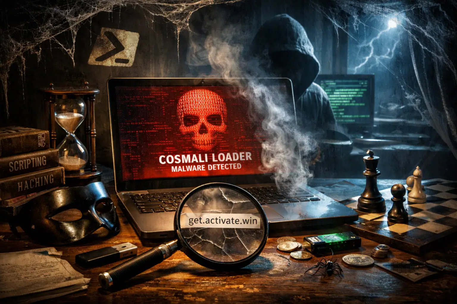 Laptop with malware warning amidst dark, moody setup including scattered objects.