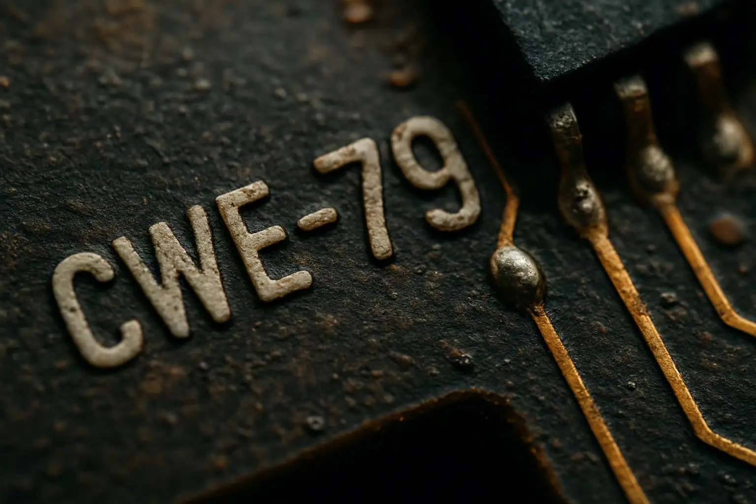 Detalle de circuitos y código CWE-79 en una placa electrónica oscura.