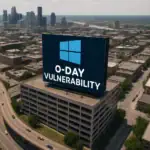 Большой экран с надписью "O-DAY VULNERABILITY" на фоне города.
