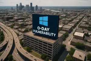 Billboard displays "O-DAY VULNERABILITY" over a cityscape with highways and buildings.