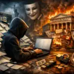 Hooded figure working on a laptop amidst chaotic financial symbols and burning buildings.