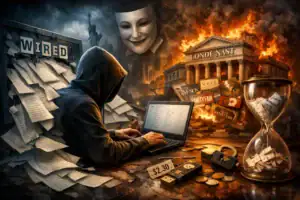Hooded figure working on a laptop amidst chaotic financial symbols and burning buildings.